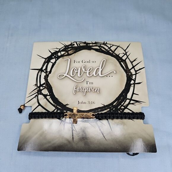 Adjustable Black Bracelet Crucifix Catholic Gift For God So Loved I Am Forgiven - Picture 1 of 5